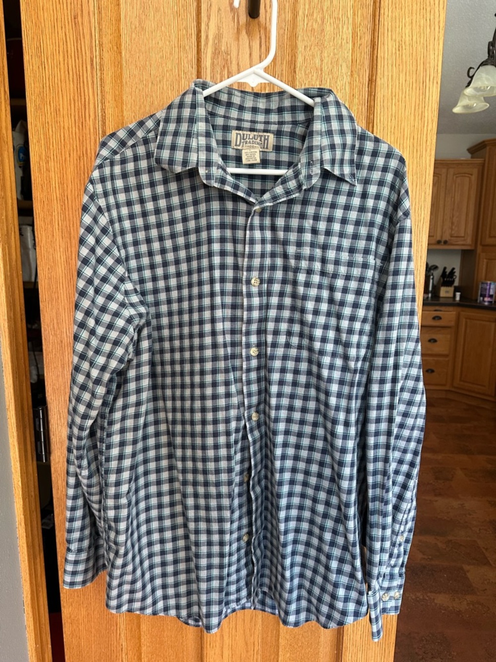 Duluth Trading Co Blue and White Checked Button-Down Shirt